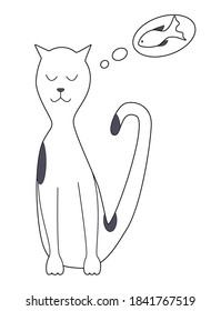 Cat dreams of fish that he wants to eat, vector illustration.