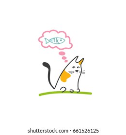 Cat dreams of fish. Cat wants to eat fish. Vector illustration.