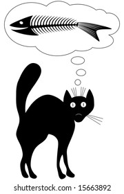 Cat dreams. Fun. Vector illustration. Black-and-white contour.