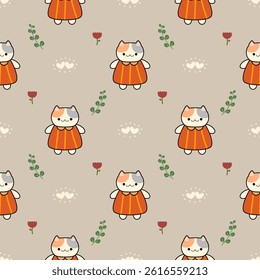Cat in dress cartoon so cute. On flower heart brown background. Pattern seamless vector illustration. 