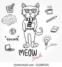 cat dress, fashion animal hand draw. Vector illustration cartoon style sketch . Cat Hipster style create idea about  relax time,coffee,idea creative, social network, computer notebook.