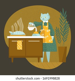 Cat with dress on the kitchen. Cooking. Funny animals life. Grilled fish, milk, home plants, food, meal, apron. Vector illustration. Cartoon style. Flat. Animals life, fish ornament, nutrition, feed.