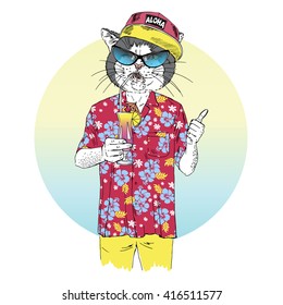 cat dressed up in aloha shirt drinking cocktail, furry art illustration, fashion animals, hipster animals, summer illustration