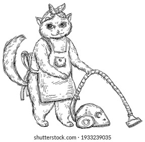 Cat dressed in apron with a vacuum cleaner in hand. Side view. Vintage vector black hatching illustration isolated on white background. Hand drawn design for t-shirt