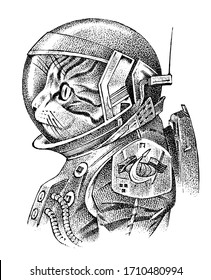 Cat dressed up in astronaut. Spaceman or cosmonaut in spacesuit. Fashion Animal character. Space sketch. Hand drawn Anthropomorphism. Vector engraved illustration for label or logo, T-shirts or tattoo