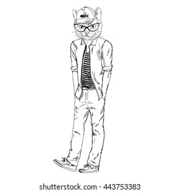 cat dressed up in casual style, furry art illustration, fashion animals