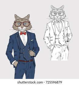 cat dressed up in classy style, anthropomorphic illustration, fashion animals