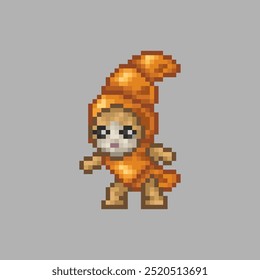 Gato vestido como um croissant, pixel art meme