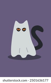 Cat dressed as Ghost. Cute Halloween costume. Fun black kitten illustration. 