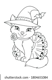 Cat Dressed as Halloween Witch Coloring Page. Black and white cartoon illustration