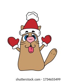 A cat dressed in a hat and mittens teases with its tongue .Vector children's design for greeting cards, banners.
