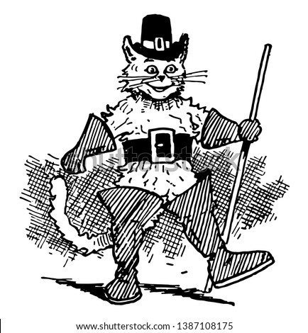 A cat dressed up with hat on head and boots, holding stick and walking, vintage line drawing or engraving illustration