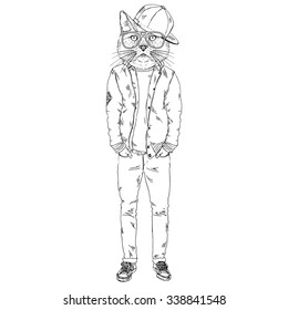 cat dressed up in hip hop style, furry art illustration