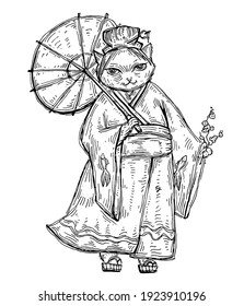 Cat dressed in kimono with umbrella. Vintage monochrome vector hatching illustration isolated on white background. Hand drawn design for t-shirt