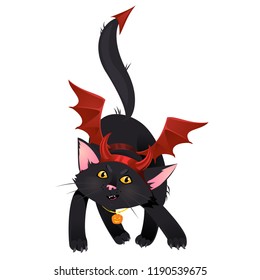 Cat dressed like Devil on Halloween. Isolated vector Illustration.