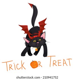 Cat dressed like Devil on Halloween. Greeting Card. Vector Illustration.