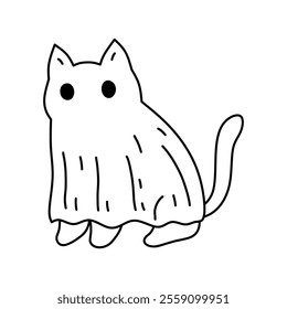 Cat dressed like a ghost isolated on a white background. Hand-drawn vector illustration in doodle style. Perfect for decorations, logo and Halloween designs.