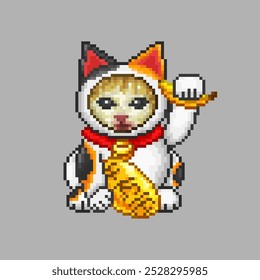 Cat dressed as maneki neko, pixel art meme