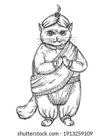 Cat dressed in national indian clothes and turban. Vintage vector monochrome hatching illustration isolated on white background. Hand drawn design for t-shirt, poster and web