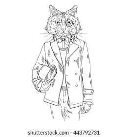 cat dressed up in retro style, furry art illustration, fashion animals