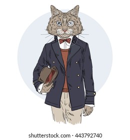 cat dressed up in retro style, furry art illustration, fashion animals