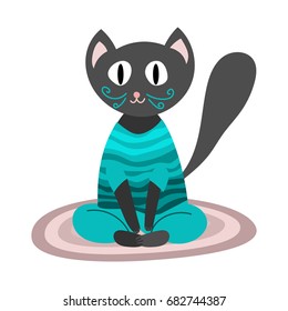 Cat dressed in shirt and pants sitting in a lotus position, isolated vector illustration on white background