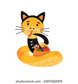 Cat Dressed as Snake Holding Basket of Treats