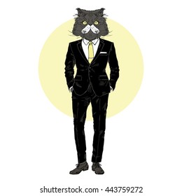cat dressed up in suit, furry art illustration, fashion animals