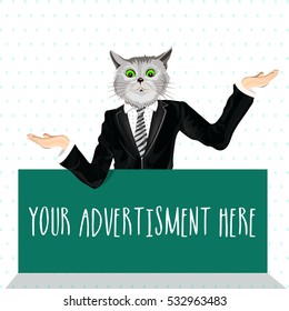 Cat dressed up in a suit with hands extended, Creative Half Human and Half Animal illustration, Vector design for Advertising and Promotion Concept.