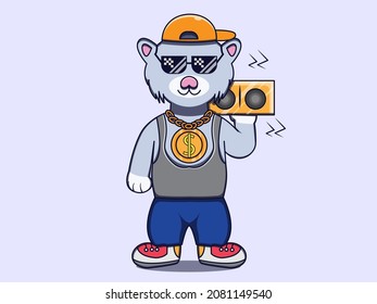 Cat dressed up in swag hip hop rapper style and stereo character vector icon illustration. Isolated flat design.