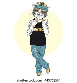 cat dressed up in swag style, furry art illustration, fashion animals