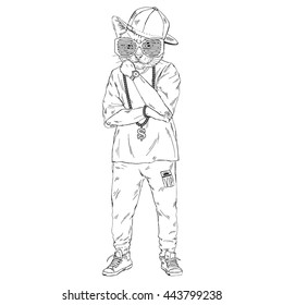 cat dressed up in swag style, furry art illustration, fashion animals