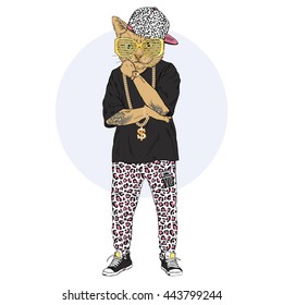 cat dressed up in swag style, furry art illustration, fashion animals