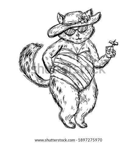 Cat dressed in swimsuit, beach hat, glasses and holding cocktail with umbrella. Vintage vector black hatching illustration isolated on white. Hand drawn design element for t-shirt, poster