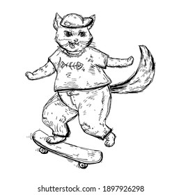 Cat dressed in t-shirt and cap is riding a skateboard. Vintage vector black hatching illustration isolated on white background. Hand drawn design element for t-shirt, poster and web