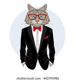 cat dressed up in tuxedo, furry art illustration, fashion animals