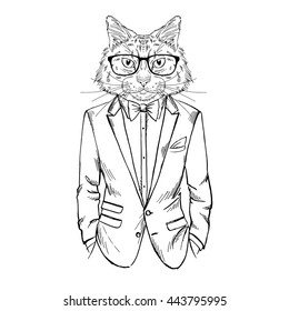 cat dressed up in tuxedo, furry art illustration, fashion animals