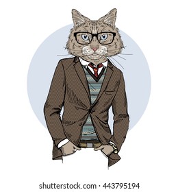 cat dressed up in tweed jacket, furry art illustration, fashion animals