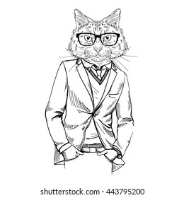 cat dressed up in tweed jacket, furry art illustration, fashion animals