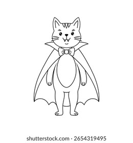 Cat dressed as a vampire, black and white doodle illustration. Ideal for Halloween, gothic, and pet themed designs.