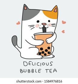 Cat drink bubble tea cartoon vector illustration doodle style