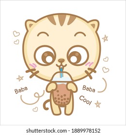 A Cat drink Bubble tea, Pearl milk tea, Yummy drinks, Taiwan milk tea, Boba Bubble Milk Tea, Cute Sticker, Vector Illustration