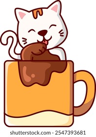 cat drink chocolate in a yellow cup Vector Illustration Icon. Flat Cartoon Style