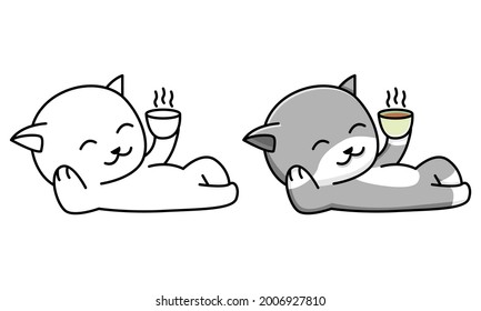 cat drink coffee coloring page for kids