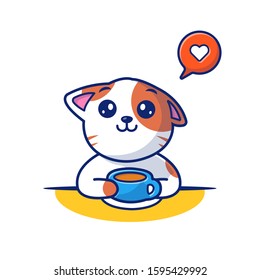 Cat Drink Coffee Vector Icon Illustration. Cat And Cup Of Coffee, Animal Icon Concept White Isolated. Flat Cartoon Style Suitable for Web Landing Page, Banner, Sticker, Background