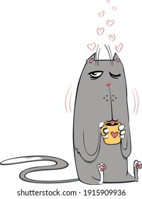 Cat drinking coffee. Grey cat with coffee. Cute cartoon cat loves coffee. Morning coffee. Cat.