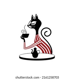 cat drinking coffee logo vintage