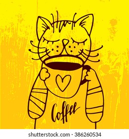 The cat is drinking a cup of coffee in the cozy yellow background. For the menu, coffee, tea, poster, print on t-shirt.