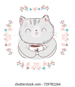 Cat Drinking Cup Of Coffee, Cat With Cup Of Coffee, Hand Drawn Cat Vector Illustration