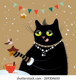Cat drinking hot coffee  vector illustration